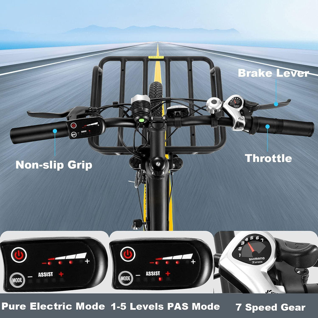 26 In. Electric Bike for Adults, 20MPH 350W Electric Mountain Bike 7-Speed Commuter Bicycle Hybrid Road E-Bike with 36V, 10.4AH Removable Battery, Shock Absorption, Front Cargo Rack for Women, Men