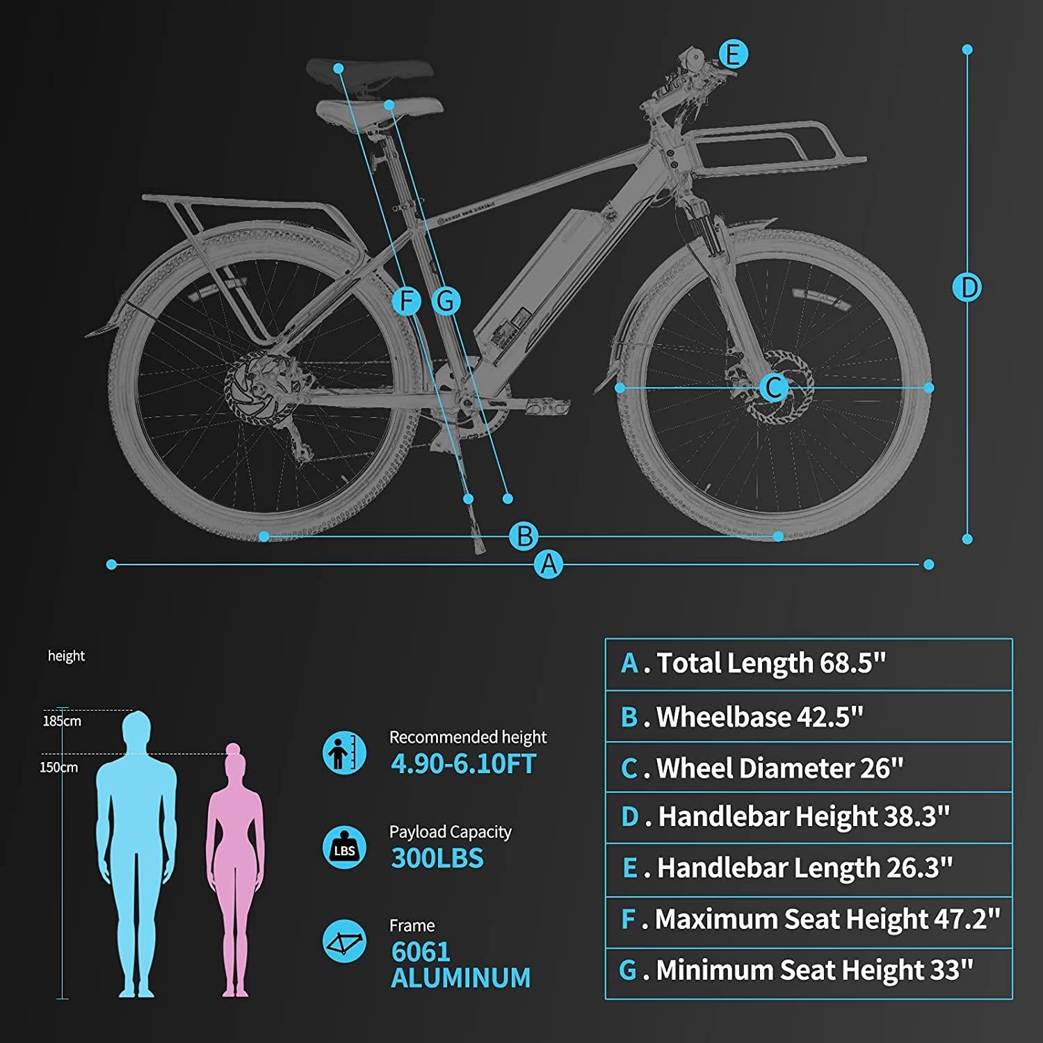 26 In. Electric Bike for Adults, 20MPH 350W Electric Mountain Bike 7-Speed Commuter Bicycle Hybrid Road E-Bike with 36V, 10.4AH Removable Battery, Shock Absorption, Front Cargo Rack for Women, Men