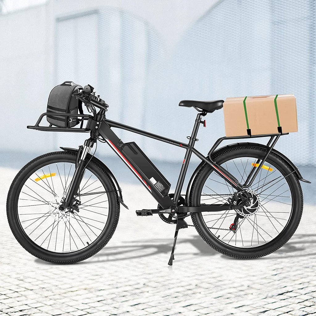 26 In. Electric Bike for Adults, 20MPH 350W Electric Mountain Bike 7-Speed Commuter Bicycle Hybrid Road E-Bike with 36V, 10.4AH Removable Battery, Shock Absorption, Front Cargo Rack for Women, Men