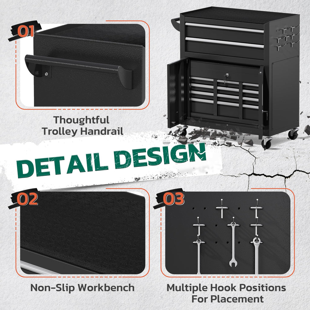 Tool Chest, 8-Drawer Rolling Tool Cart with Hooks, Tray Divider, Liners, 2 in 1 Detachable Tool Cabinet, Metal Tool StoraCart, Tool Box for GaraWorkshop(Black)