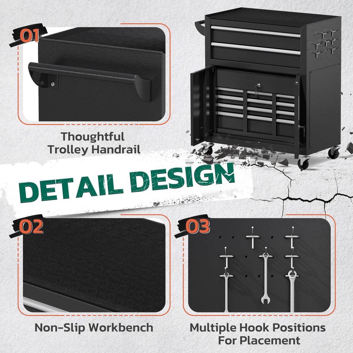 Tool Chest, 8-Drawer Rolling Tool Cart with Hooks, Tray Divider, Liners, 2 in 1 Detachable Tool Cabinet, Metal Tool StoraCart, Tool Box for GaraWorkshop(Black)