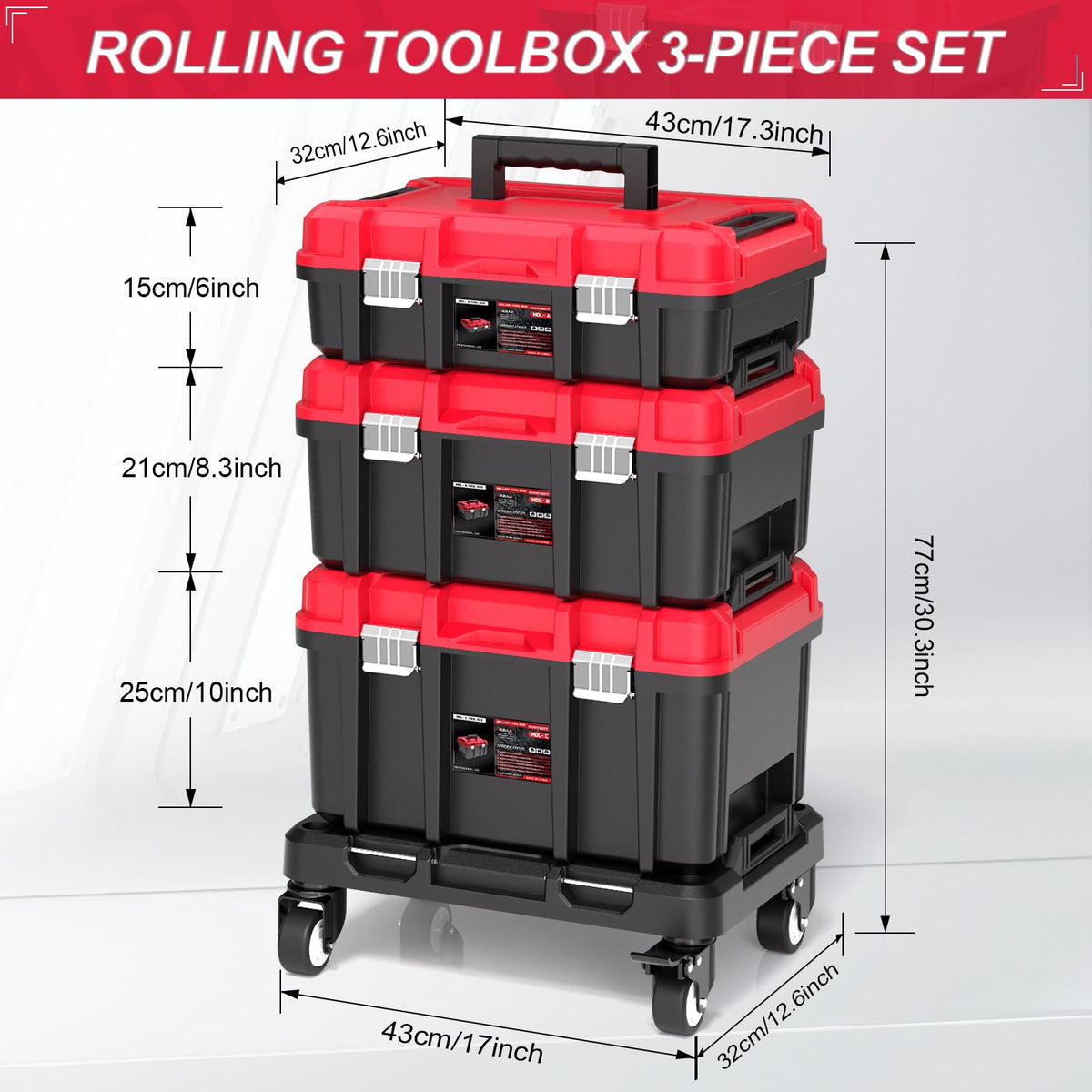 3-in-1 Rolling Tool Box with Wheels,Stackable Modular Tool Organizer System,17" Portable Waterproof Toolbox on Wheels for Garage,Mechanics and Home Repair (Red-Black)