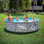 Summer Waves P2W01030A 10 Foot Diameter Round Stone Slate Print Metal Frame Above Ground Back Yard Family Swimming Pool with