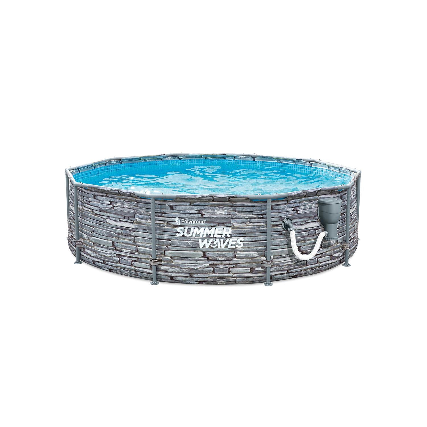Summer Waves P2W01030A 10 Foot Diameter Round Stone Slate Print Metal Frame Above Ground Back Yard Family Swimming Pool with