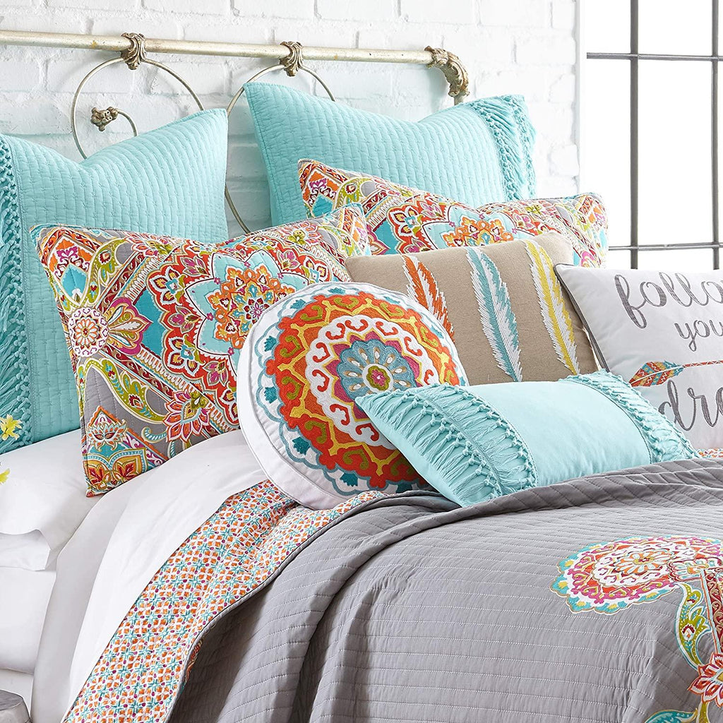Levtex Home - Bailen Quilt Set - Full/Queen Quilt + Two Standard Pillow Shams - Boho Medallion in OranTeal Red Grey Green Pink - Quilt (88x92in.) and Pillow Shams (26x20in.) - Reversible - Cotton