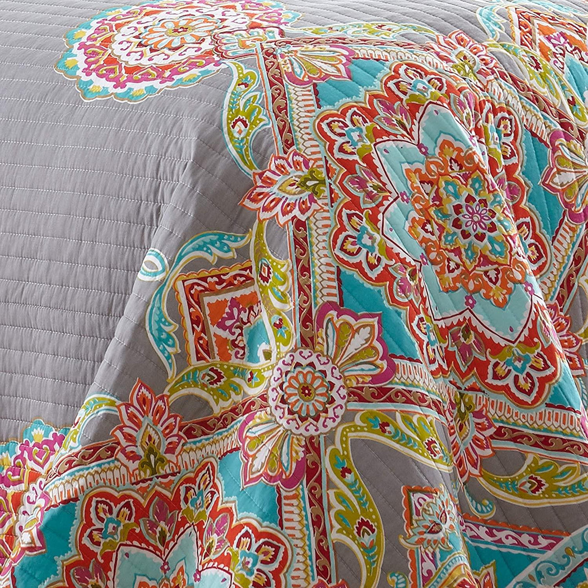 Levtex Home - Bailen Quilt Set - Full/Queen Quilt + Two Standard Pillow Shams - Boho Medallion in OranTeal Red Grey Green Pink - Quilt (88x92in.) and Pillow Shams (26x20in.) - Reversible - Cotton