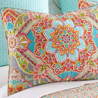 Levtex Home - Bailen Quilt Set - Full/Queen Quilt + Two Standard Pillow Shams - Boho Medallion in OranTeal Red Grey Green Pink - Quilt (88x92in.) and Pillow Shams (26x20in.) - Reversible - Cotton