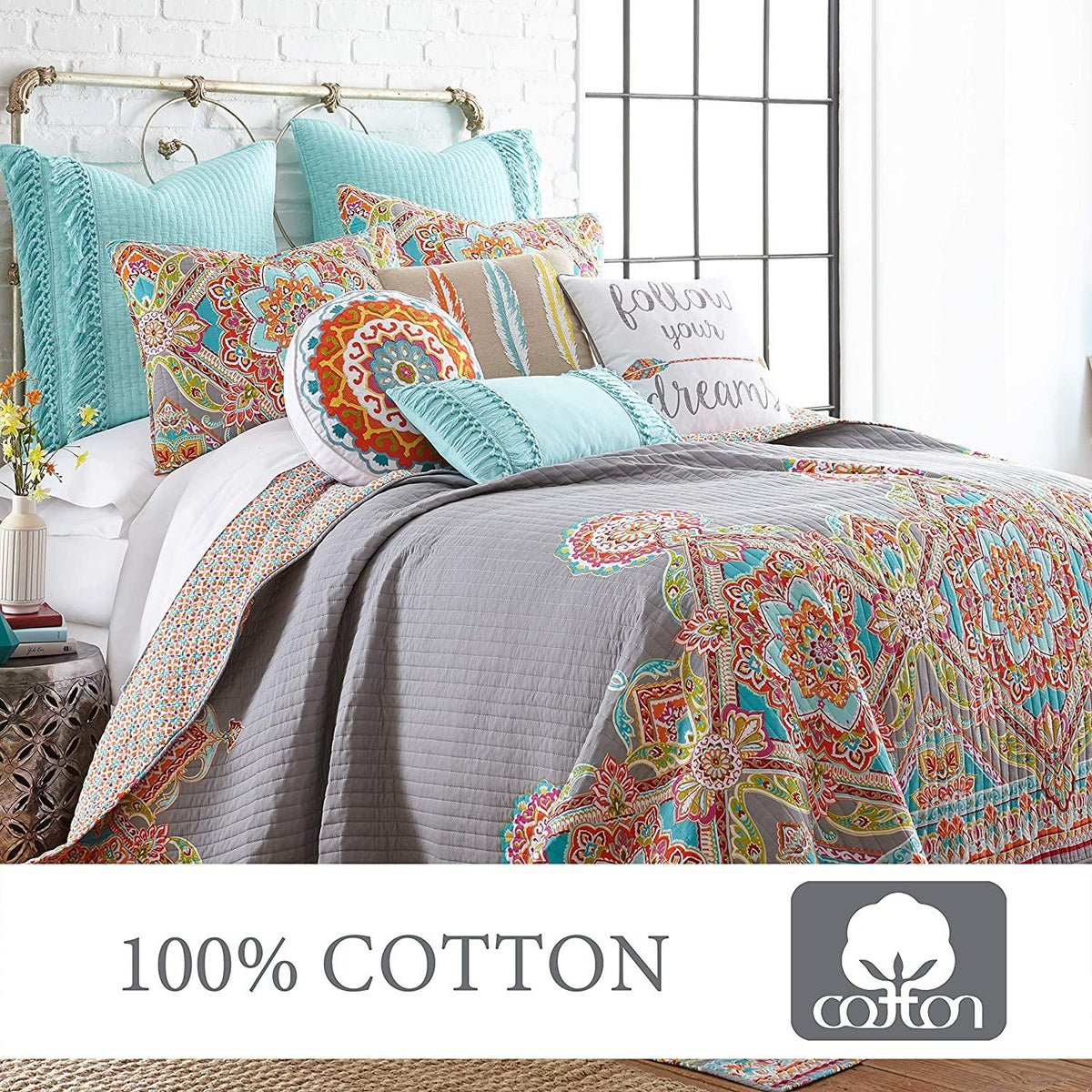 Levtex Home - Bailen Quilt Set - Full/Queen Quilt + Two Standard Pillow Shams - Boho Medallion in OranTeal Red Grey Green Pink - Quilt (88x92in.) and Pillow Shams (26x20in.) - Reversible - Cotton