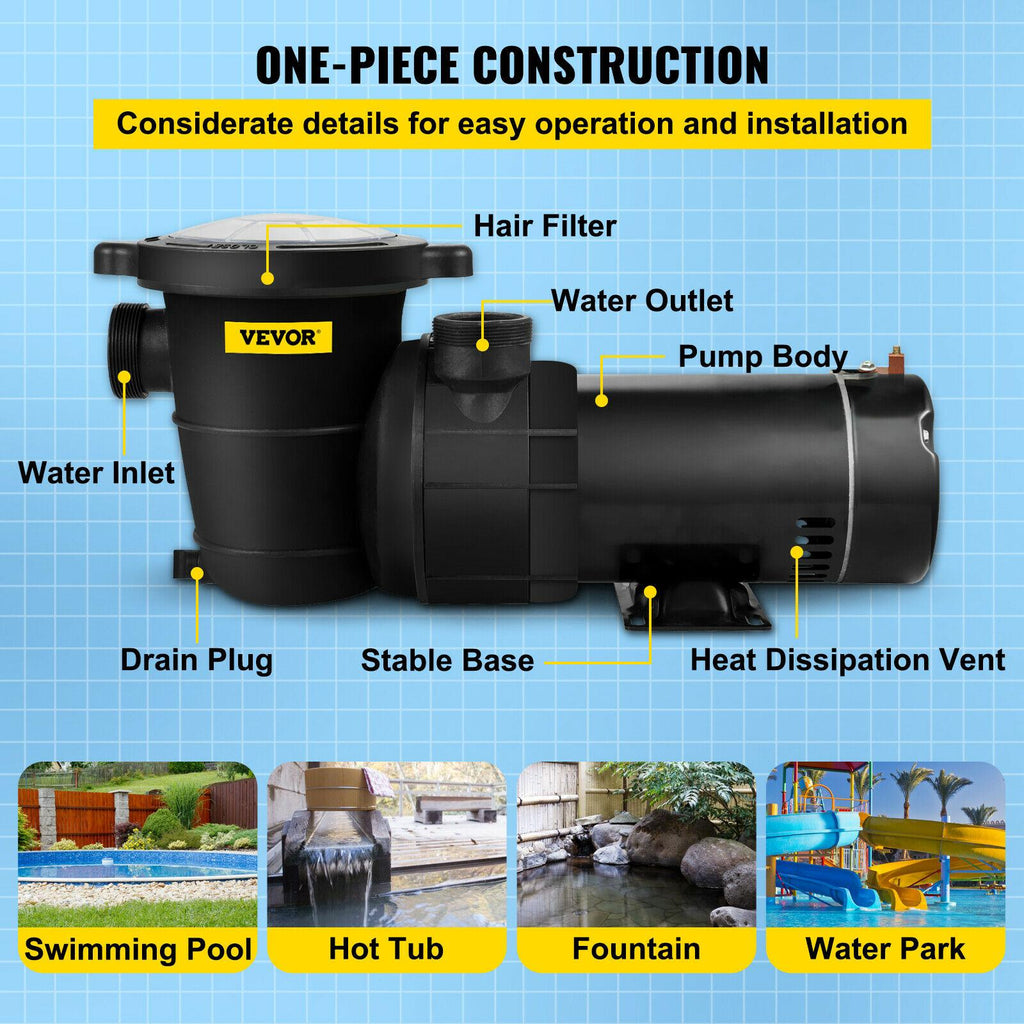 vevor swimming pool pump above ground pool pump 1.5 hp 88 gpm w/ strainer
