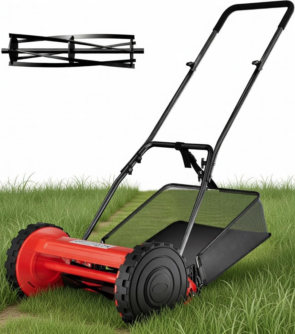 16-Inch Cordless Push Reel Lawn Mower, 5-Blade Walk-Behind Manual Grass Cutter with Steel Frame, Adjustable Cutting Height, Soft Grip Handle &amp; 7.9-Gallon Grass Catcher