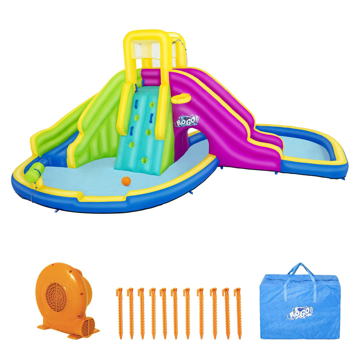 H2OGO! Funfinity Splash Kids Outdoor Inflatable Mega Water Park with Blower Air Pump, Slides, Climbing Wall, and Water Sprayers