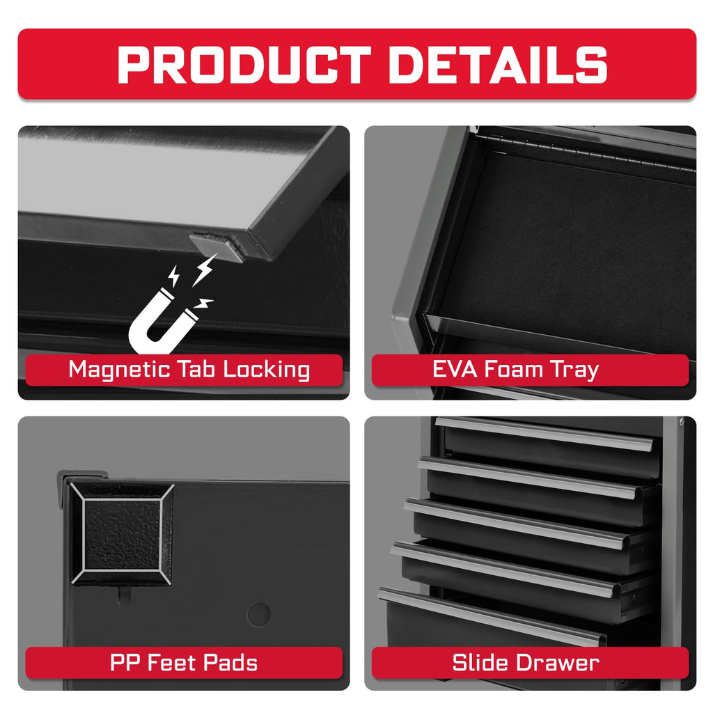8-Drawer Rolling Black Tool Box, Heavy Duty Micro Roll Cab Steel Stackable Tool Chest with Lockable Drawers, 2-in-1 Lar& Compact Combo Set (3-Drawer + 5-Drawer) for Garage, Workshop