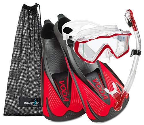 Phantom Aquatics Rapido Boutique Collection Full Foot Fins Bundled with Panoramic View Tempered Glass Lens Mask Fin Snorkel Set