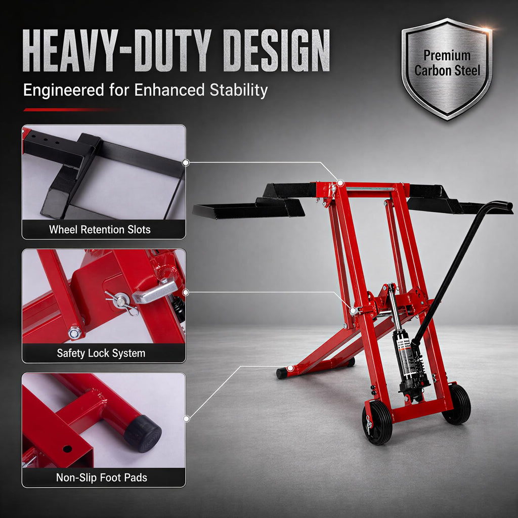 Lawn Mower Jack Lift 500-LB Carbon Steel Manual Crank Adjustable Width Tool | 3-Level Height Adjustment ,4-Level Tire Width Adjustment, Easy Operation Multiple Equipment ,Durable Construction