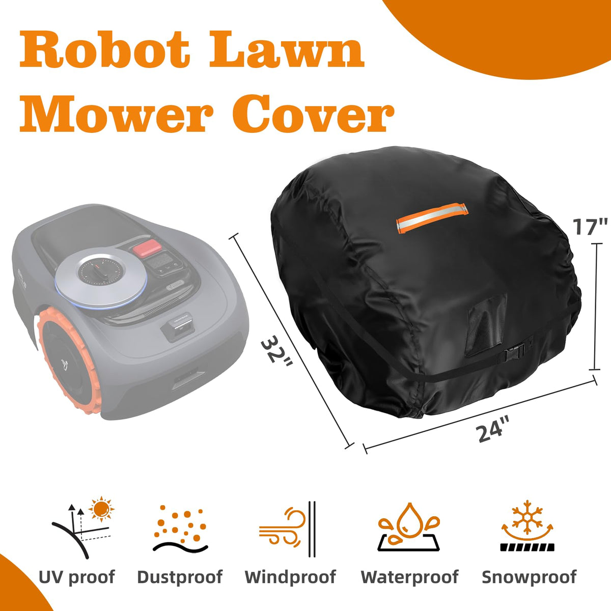Robot Lawn Mower Cover Waterproof, 500D Heavy Duty Wire Automatic Robotic Lawnmower Protective Cover, Smart Mowing Machine Cover with Drawstring &amp; Buckles, 32x24x17 in, Black