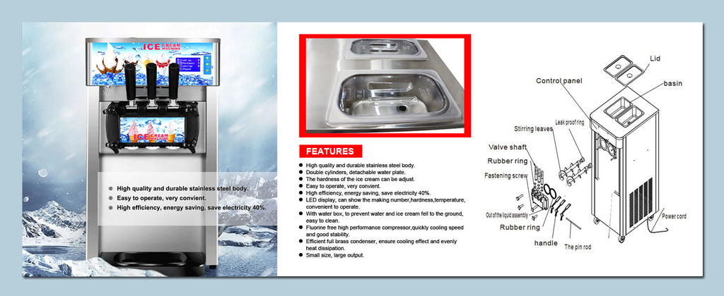 3 Flavor Soft Ice Cream Machine Commercial Soft Serve Ice Cream Maker Sorbet Frozen Yogurt Gelato LED Display Desktop Type 1200W 110V