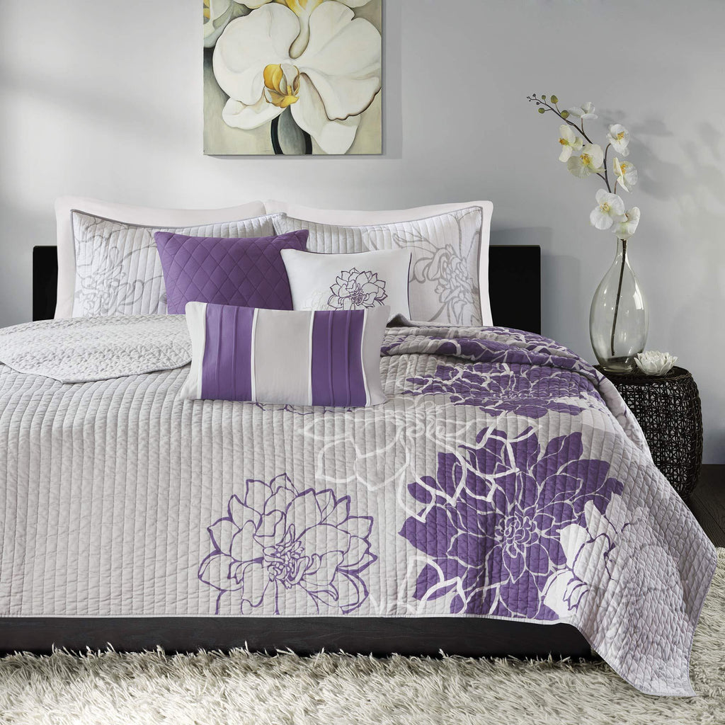 Gracie Mills MP13-2313 Lola 6 Piece Quilted Coverlet Set, King/California King, Grey/Purple