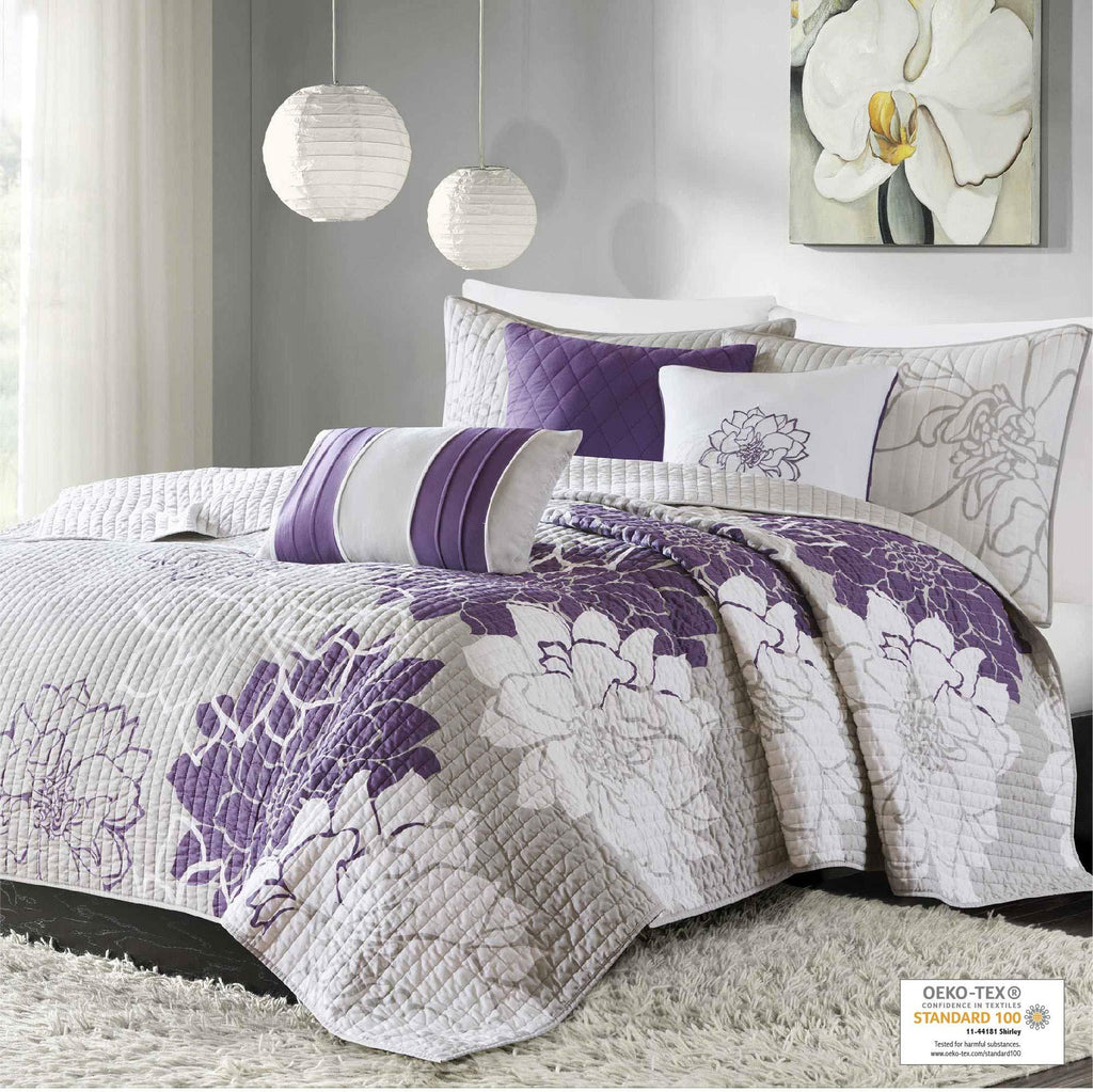 Gracie Mills MP13-2313 Lola 6 Piece Quilted Coverlet Set, King/California King, Grey/Purple