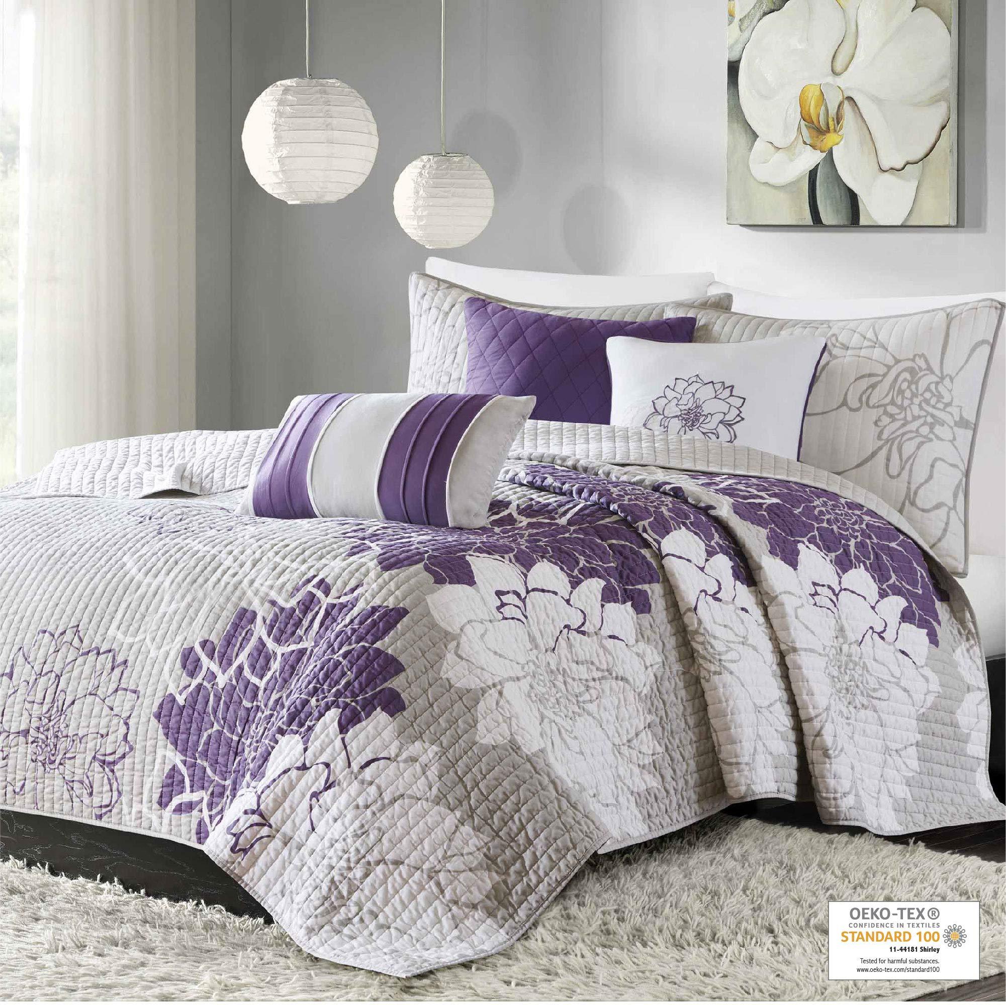 Gracie Mills MP13-2313 Lola 6 Piece Quilted Coverlet Set, King/California King, Grey/Purple