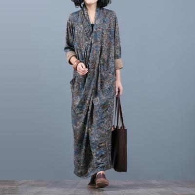 Fashion Loose Print Maxi Pockets Long Sleeve Dress