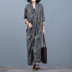 Fashion Loose Print Maxi Pockets Long Sleeve Dress