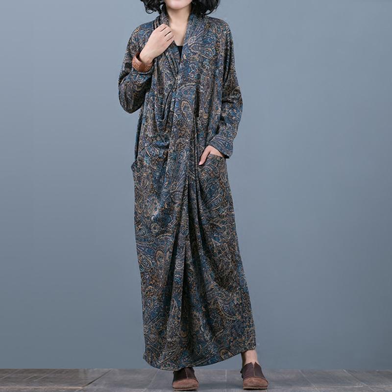 Fashion Loose Print Maxi Pockets Long Sleeve Dress