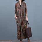 Fashion Loose Print Maxi Pockets Long Sleeve Dress