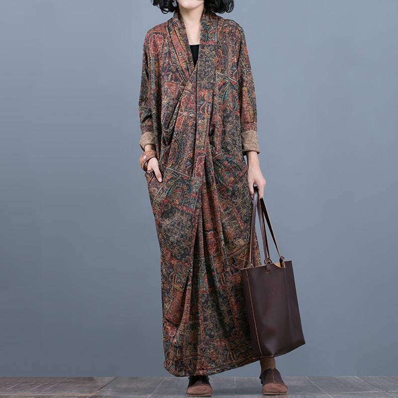 Fashion Loose Print Maxi Pockets Long Sleeve Dress