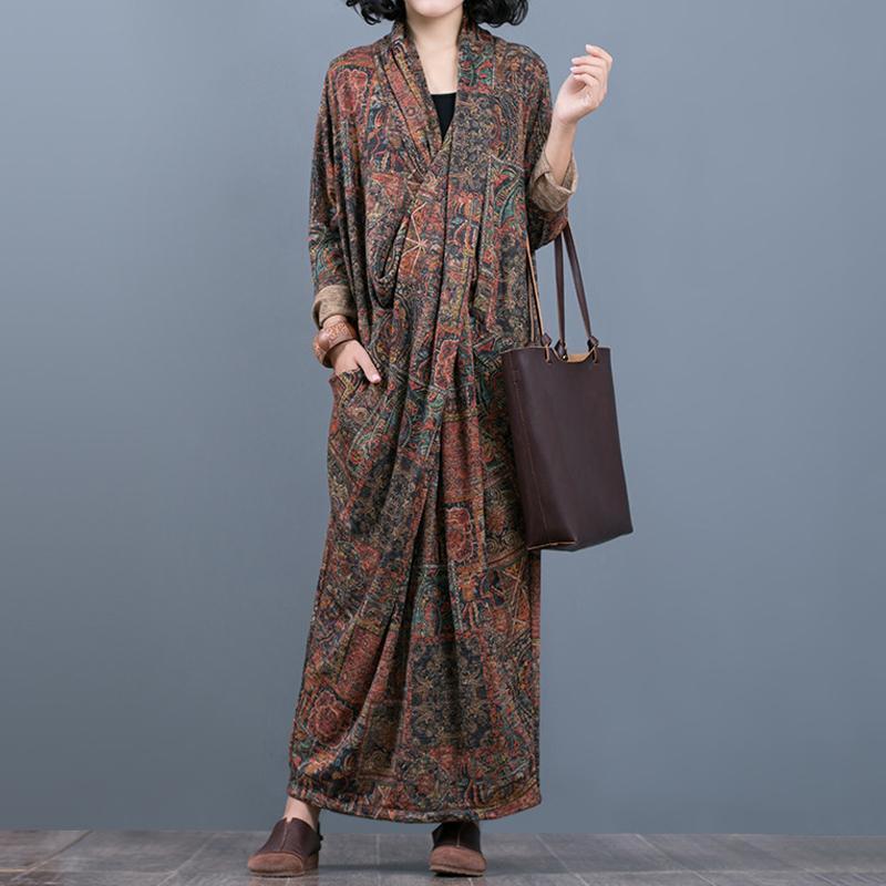 Fashion Loose Print Maxi Pockets Long Sleeve Dress
