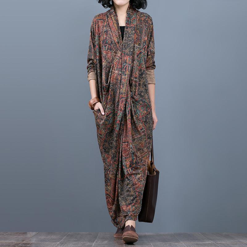 Fashion Loose Print Maxi Pockets Long Sleeve Dress