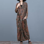 Fashion Loose Print Maxi Pockets Long Sleeve Dress