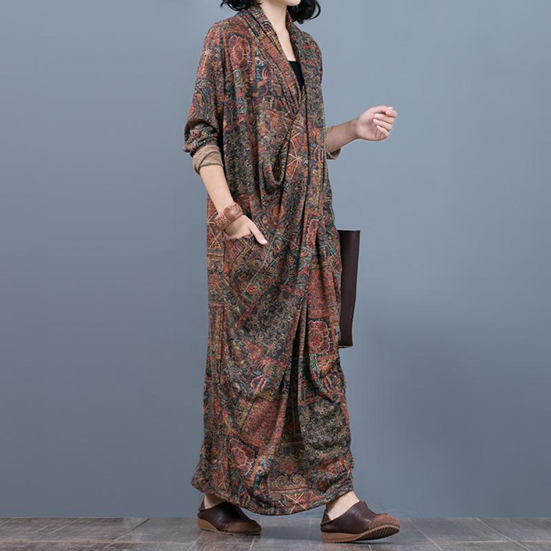 Fashion Loose Print Maxi Pockets Long Sleeve Dress
