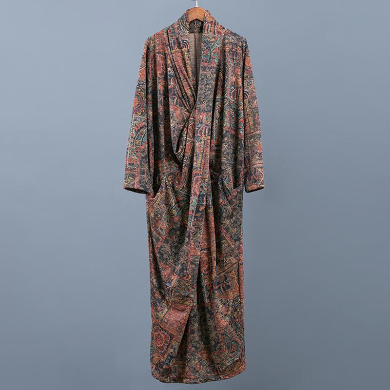 Fashion Loose Print Maxi Pockets Long Sleeve Dress