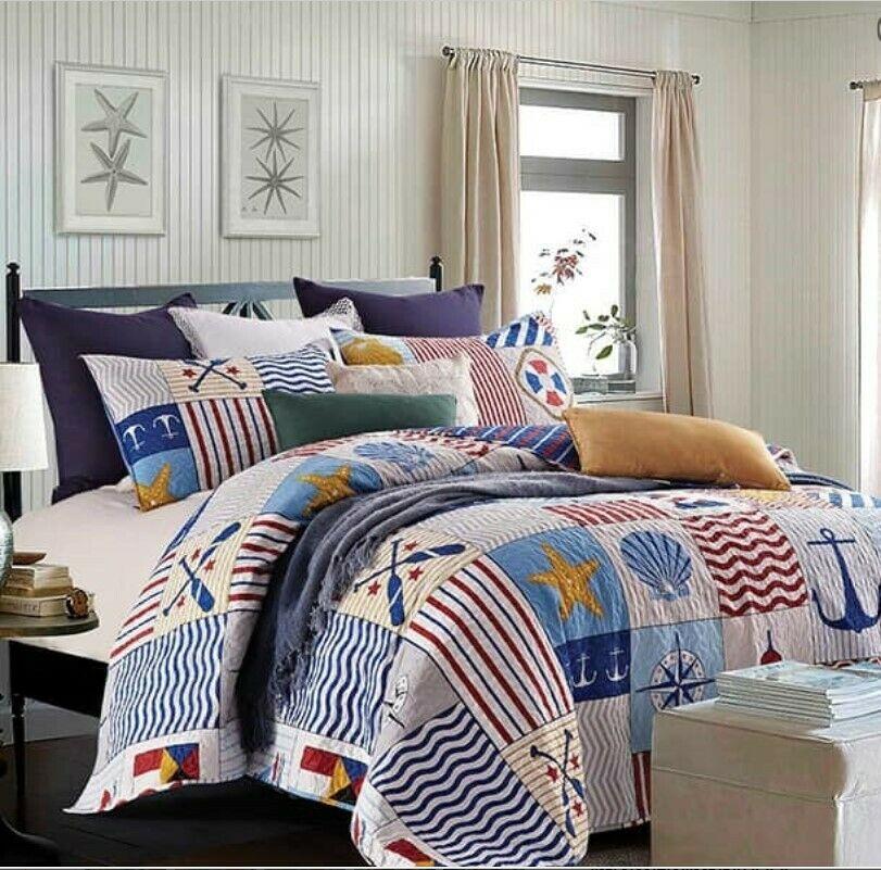 Blue Seashells, Anchors, Compass, Lighthouse, Nautical, Coastal Quilt Set (3 Piece Bedding)