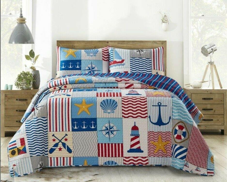 Blue Seashells, Anchors, Compass, Lighthouse, Nautical, Coastal Quilt Set (3 Piece Bedding)