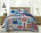 Blue Seashells, Anchors, Compass, Lighthouse, Nautical, Coastal Quilt Set (3 Piece Bedding)