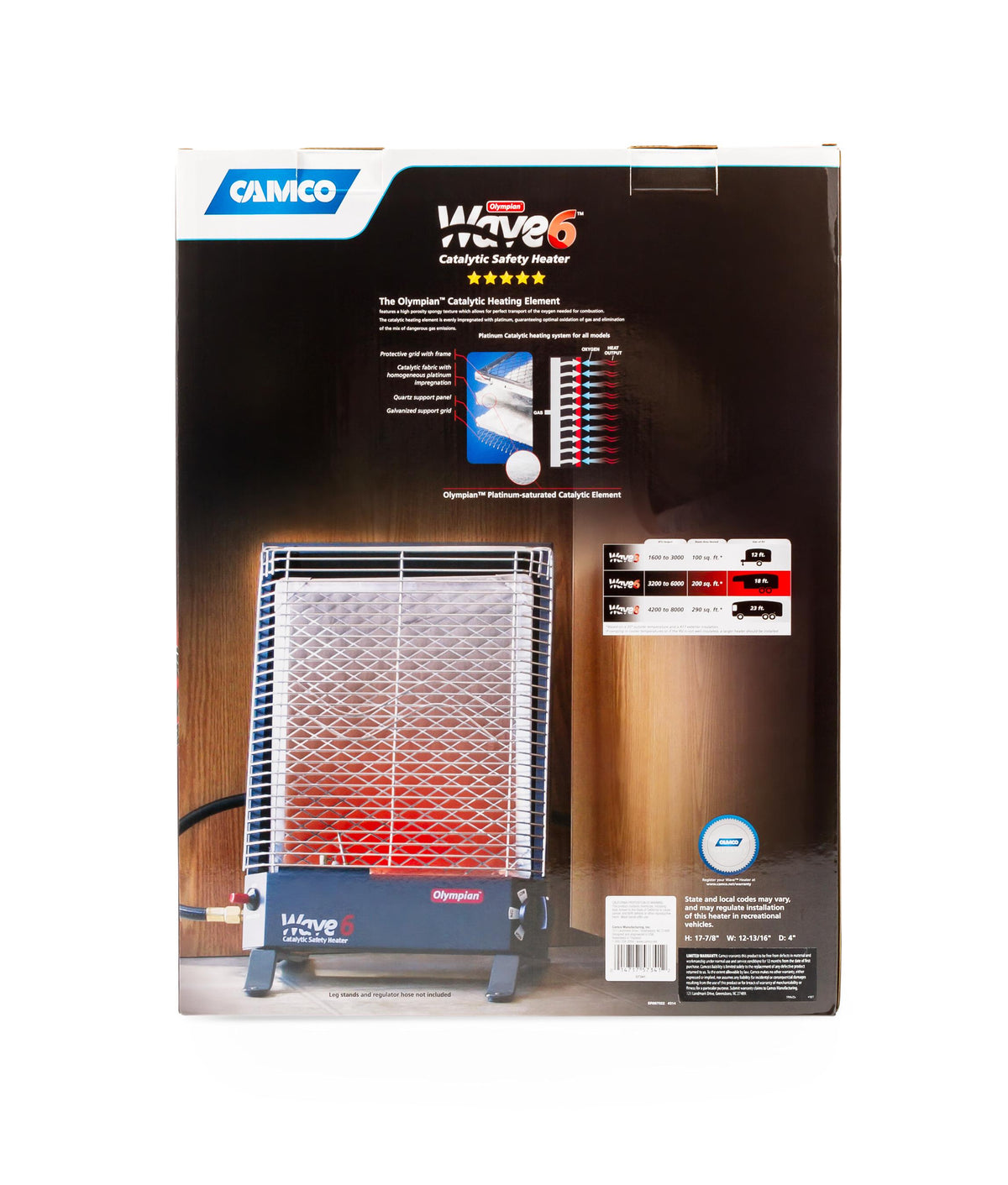 Camco Olympian RV Wave-6 LP Gas Catalytic Safety Heater, Adjustable 3200 to 6000 BTU, Warms 230 Square Feet of Space, Portable and Wall Mountable