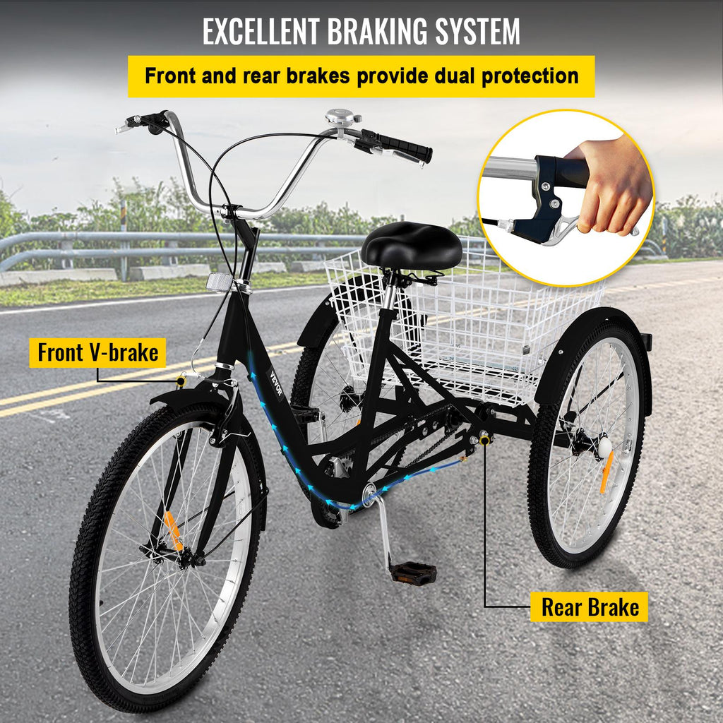 Adult Tricycle 20 inch,7-Speed 3 Wheel Cruise Bike,Adjustable Trike with Bell, Brake System Cruiser Bicycles LarSize Basket for Riding,Black