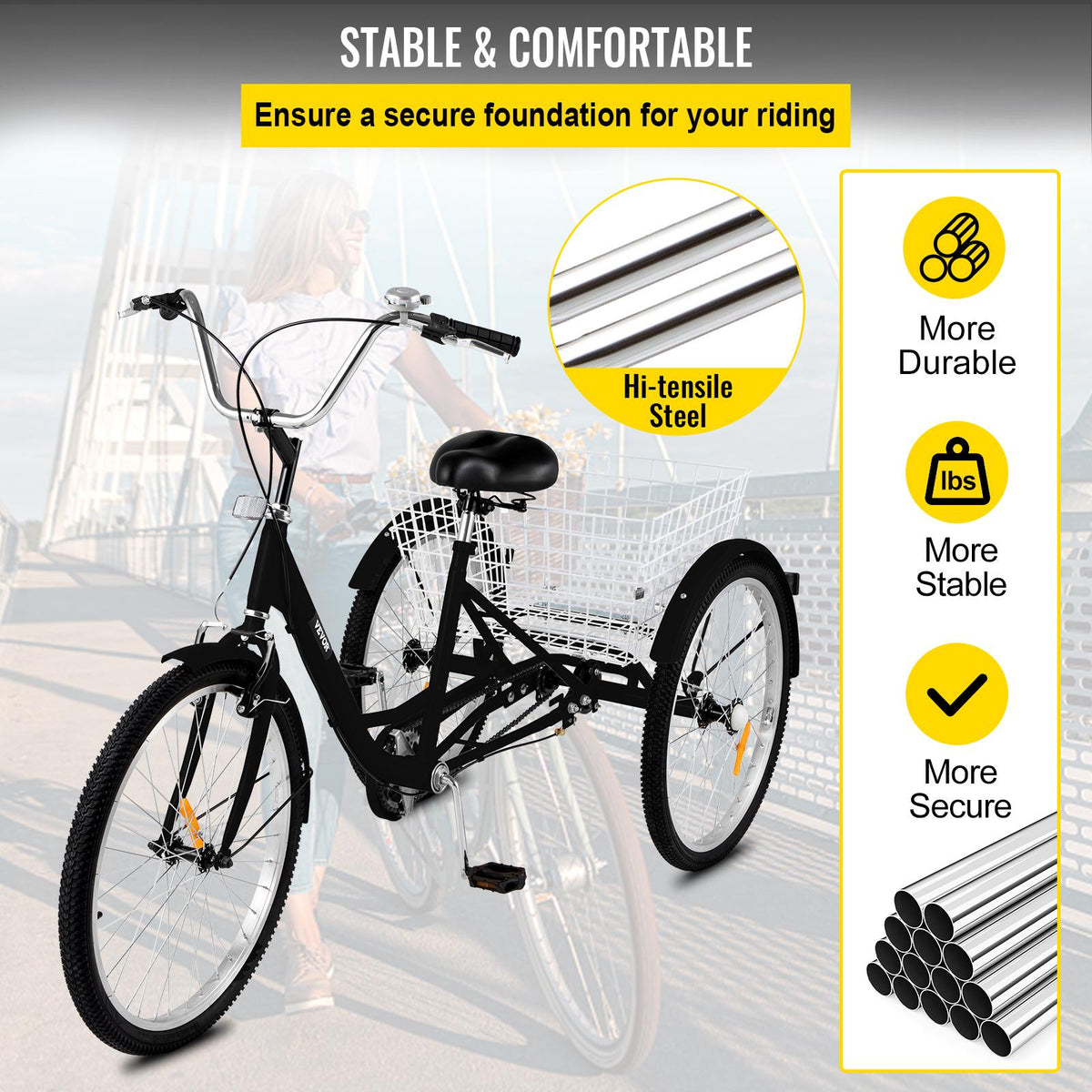 Adult Tricycle 20 inch,7-Speed 3 Wheel Cruise Bike,Adjustable Trike with Bell, Brake System Cruiser Bicycles LarSize Basket for Riding,Black