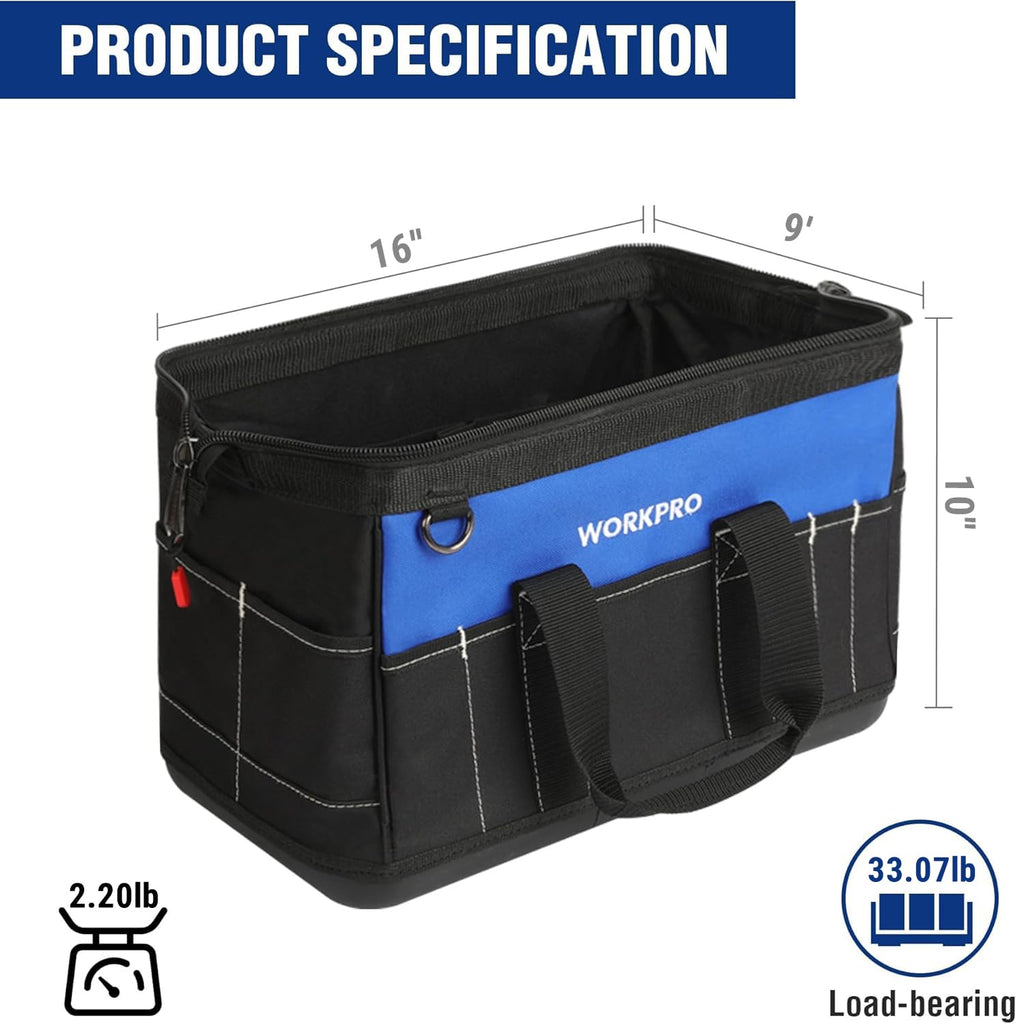 16-inch Wide Mouth Tool Bag with Water Proof Molded Base | Multi-Pocket, Heavy Duty Cloth, Adjustable Shoulder Strap, Double-pull Zipper, For Workshops, Outdoor Projects
