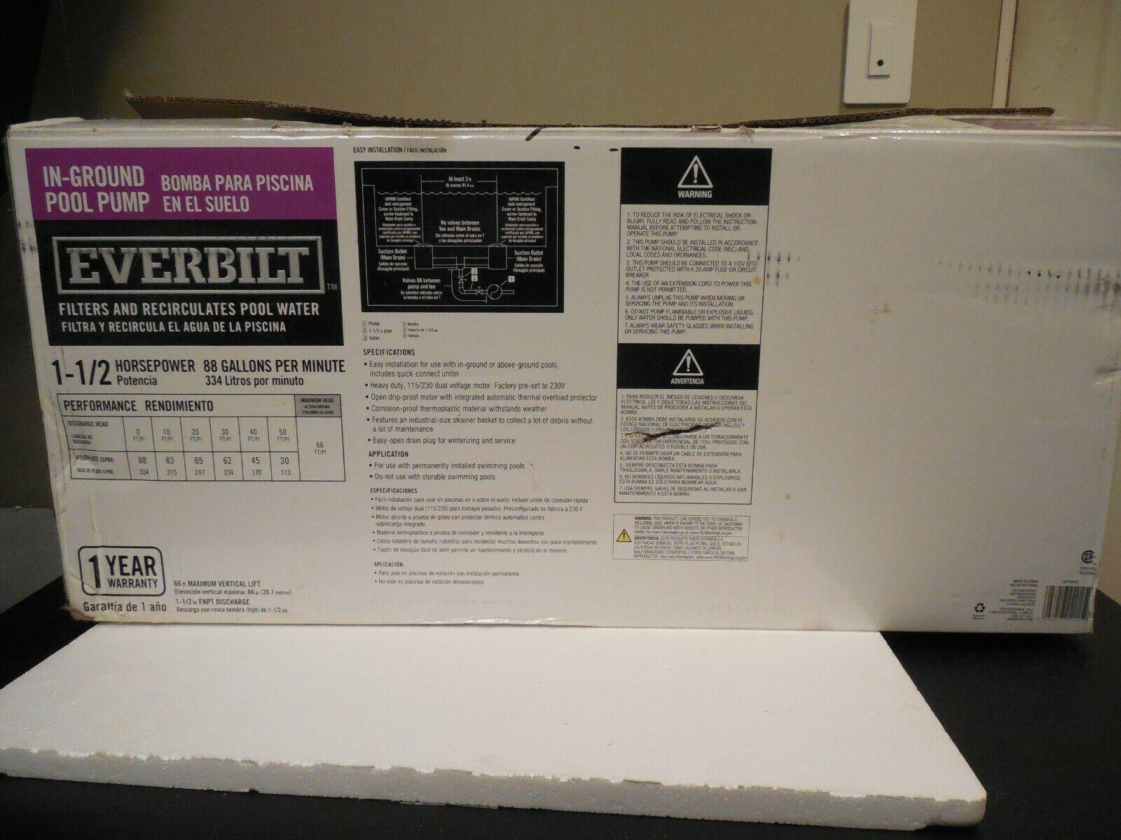 everbilt 1.5 hp 230-volt/115-volt pool pump spp15002 open box