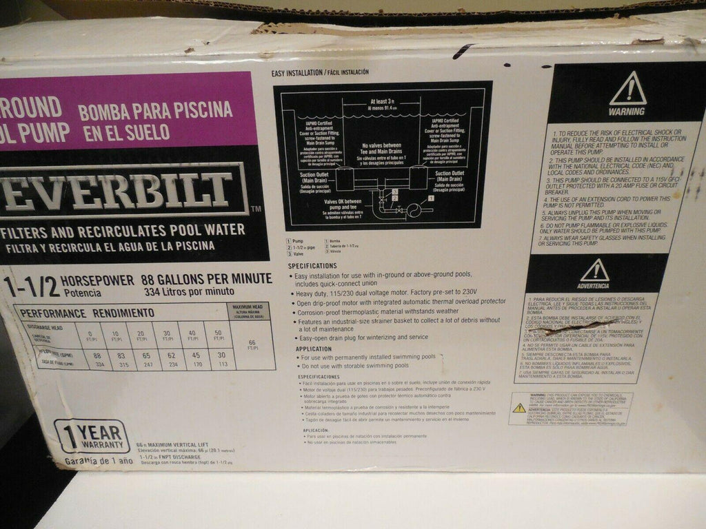 everbilt 1.5 hp 230-volt/115-volt pool pump spp15002 open box