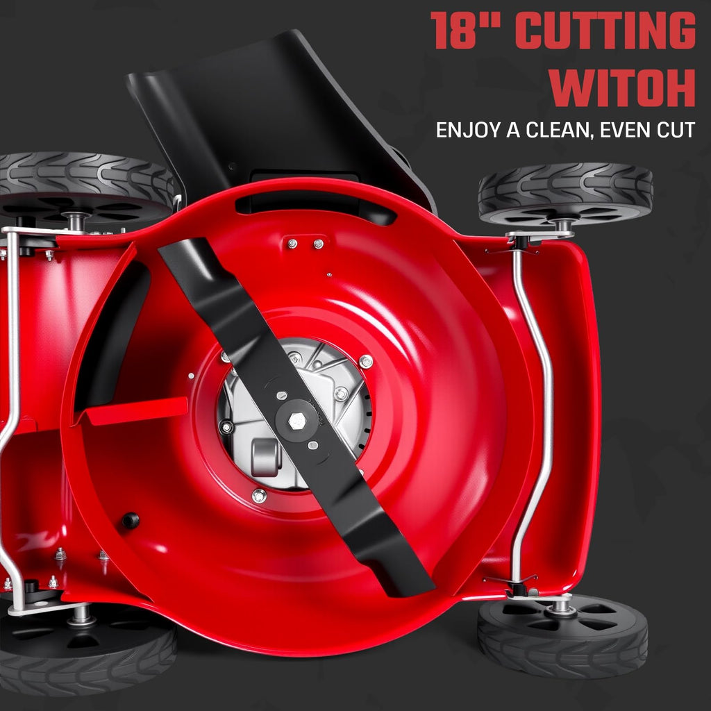 131cc Foldable Gas Lawn Mower, Self-Propelled Rear-Wheel Drive, 18 Inch Cutting Width, 50L Grass Bag, 3-in-1 Mulching/Side Discharge/Rear-Bagging, Lightweight Push-Button Start Mower