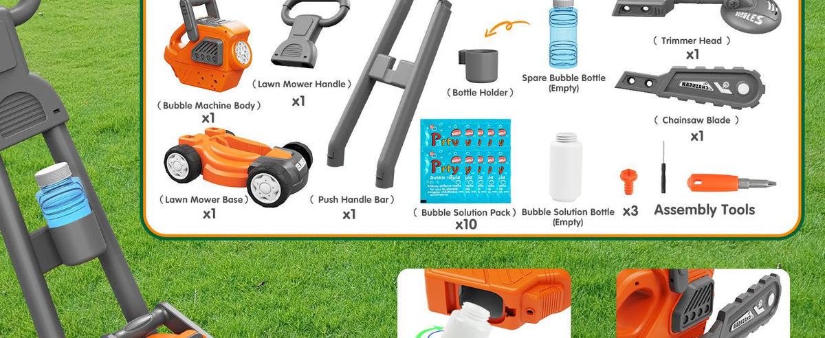 Bubble Lawn Mower for Kids,3-in-1 Bubble Machine Blower Toy Ages 3-8 Oran| Automatic Bubble Blower,10 Solution Packs,Pretend Gardening Play,Push Toy for Toddlers,Summer Outdoor Gift for Boys and Girls