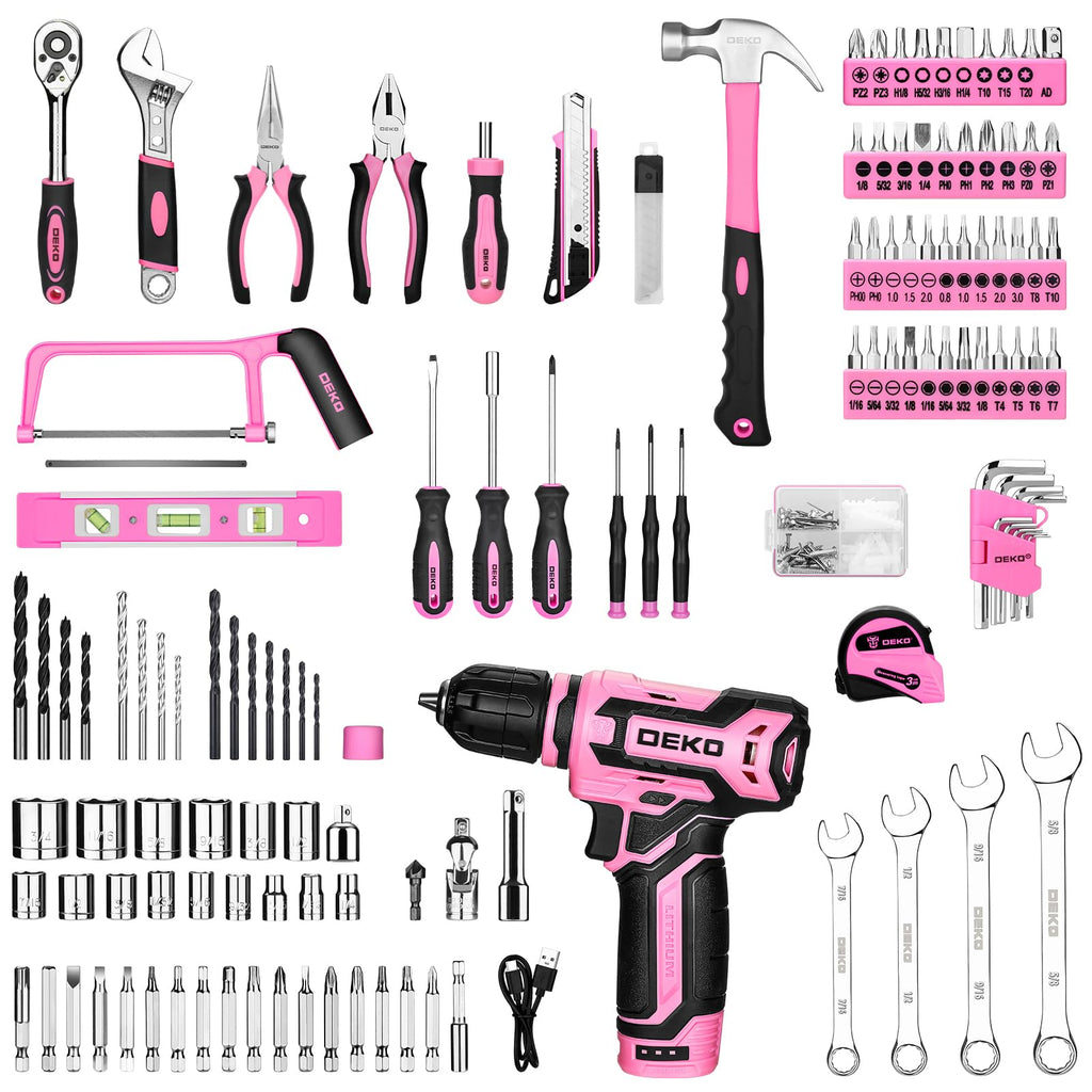 Pink Tool Kit Box Drill Set： Home Mechanic Toolbox with 12V Power Cordless Drill Hand Repair Tools Sets Combo Kits StoraOrganizer Drawer Case for Men & Women