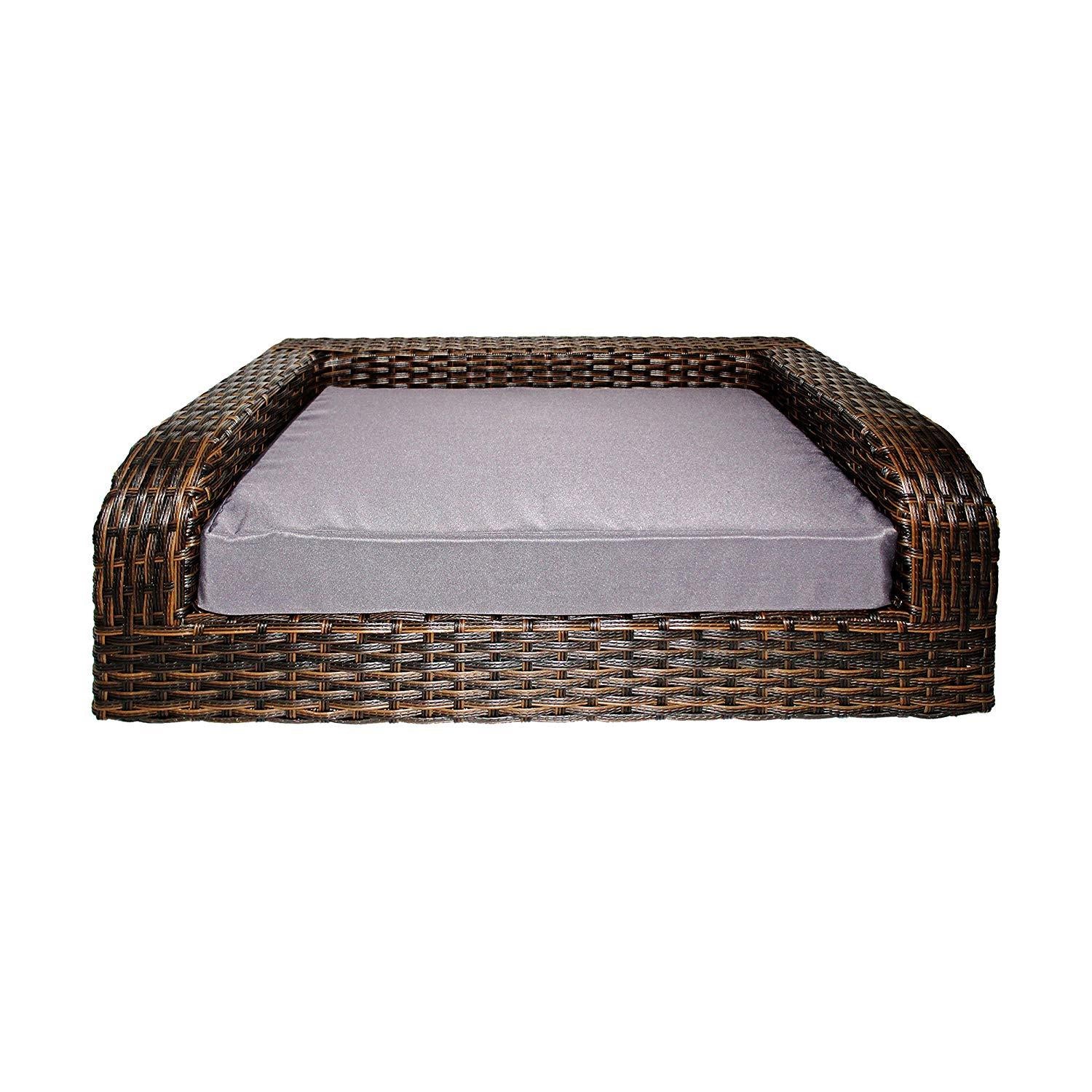 Iconic Pet Rattan/Wicker Pet Sofa Bed - Sofa Made of Woven Palm Stems of Rattan with Metal Frame, Indoor/Outdoor Sofa and Water Resistant Cushion Cover, Elegant Pet Bed for Dogs/Cats up to 50 lbs