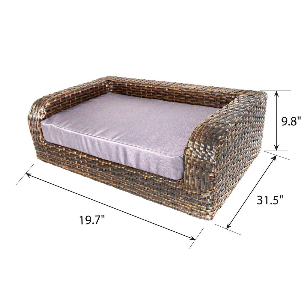Iconic Pet Rattan/Wicker Pet Sofa Bed - Sofa Made of Woven Palm Stems of Rattan with Metal Frame, Indoor/Outdoor Sofa and Water Resistant Cushion Cover, Elegant Pet Bed for Dogs/Cats up to 50 lbs