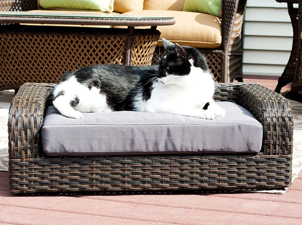 Iconic Pet Rattan/Wicker Pet Sofa Bed - Sofa Made of Woven Palm Stems of Rattan with Metal Frame, Indoor/Outdoor Sofa and Water Resistant Cushion Cover, Elegant Pet Bed for Dogs/Cats up to 50 lbs