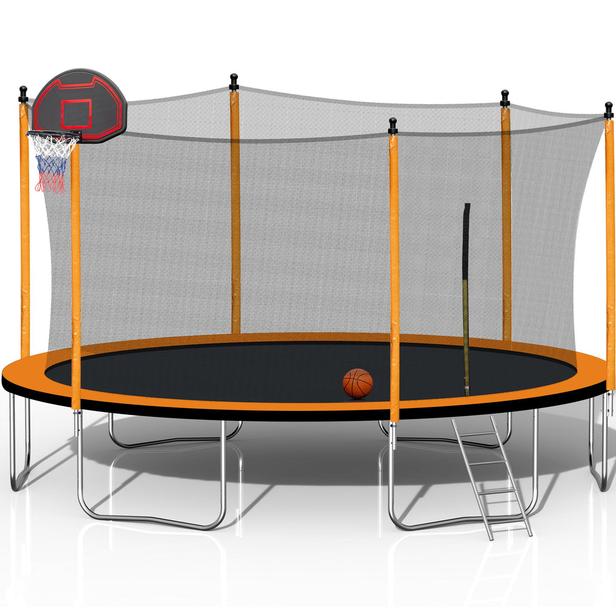 RONSHIN 12Ft Trampoline With Basketball Hoop Inflator And Ladder(Inner Safety Enclosure) Orange