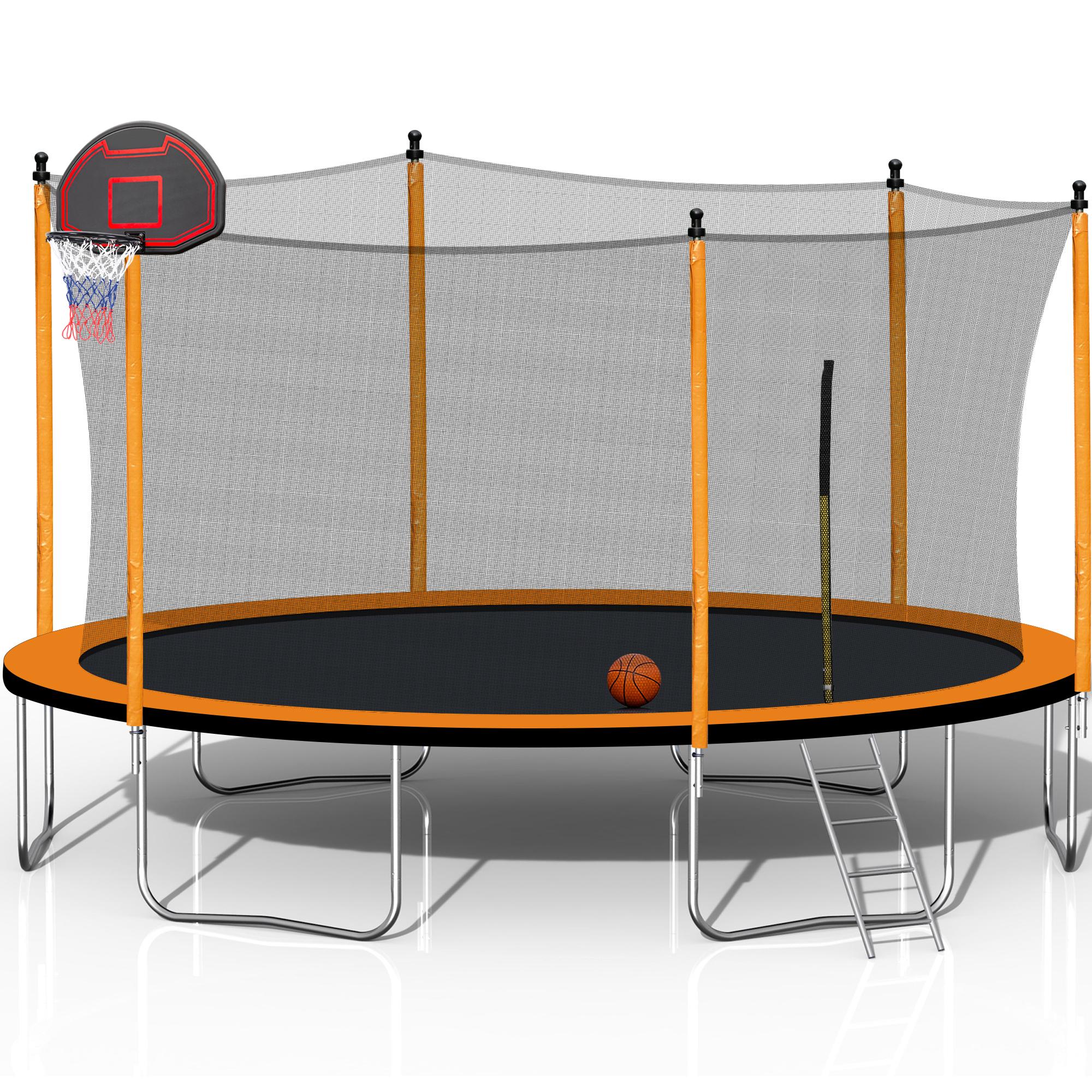 RONSHIN 12Ft Trampoline With Basketball Hoop Inflator And Ladder(Inner Safety Enclosure) Orange